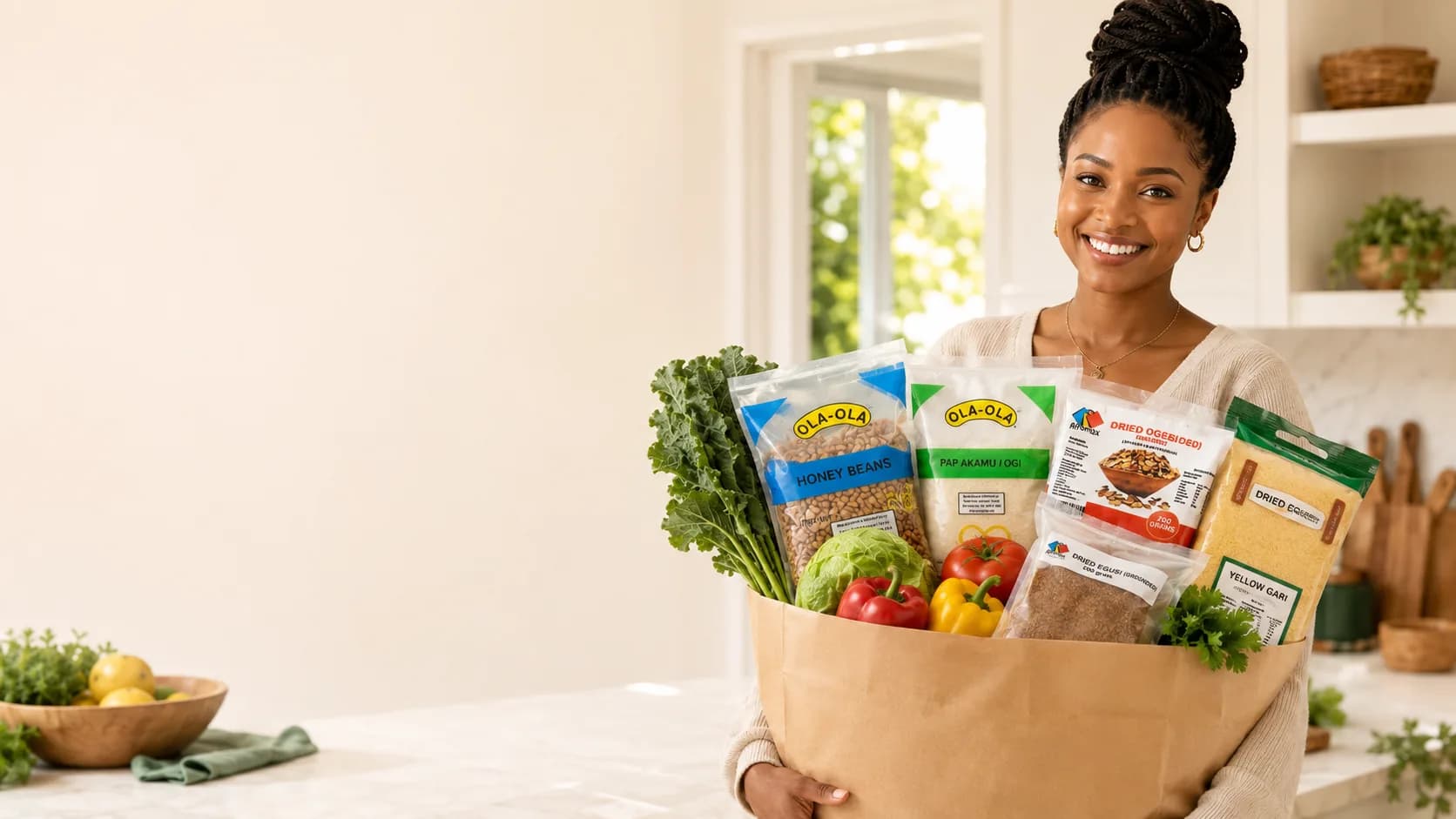 Smiling customer holding a paper bag full of fresh produce and Afrimart groceries