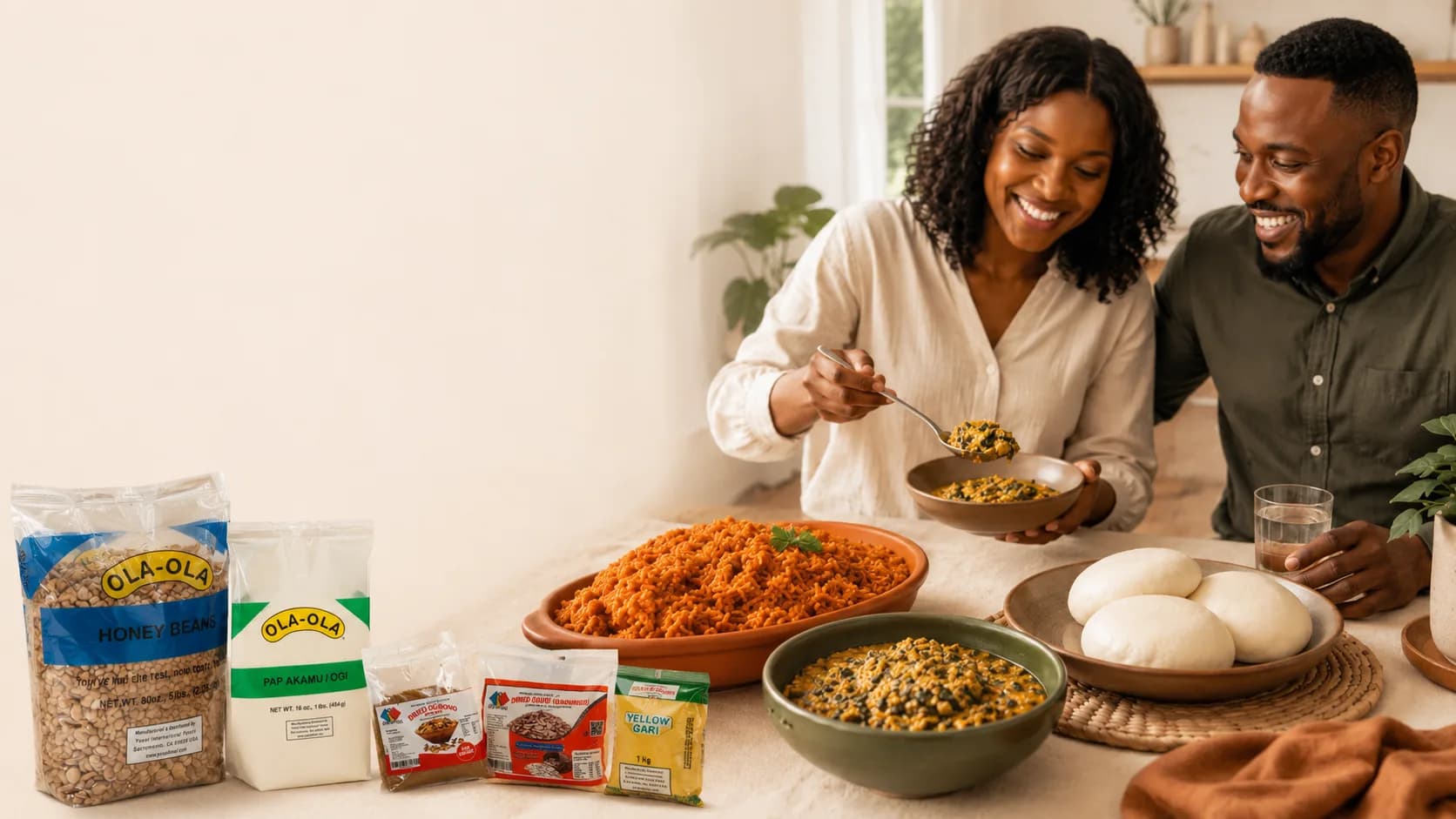 Couple sharing a home-cooked African meal of jollof rice and egusi